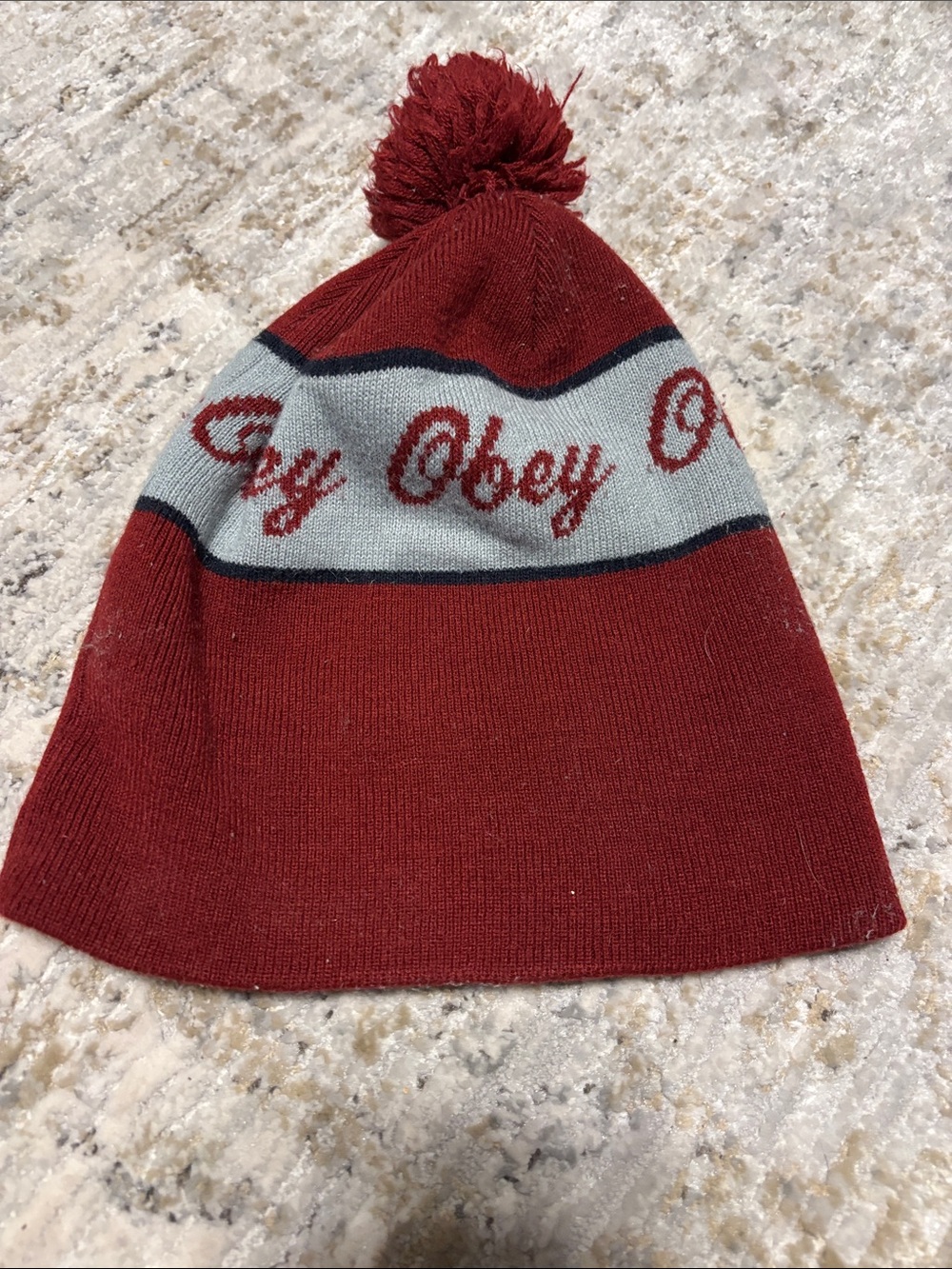 Obey Burgundy Pom Beanie with Gray Stripe